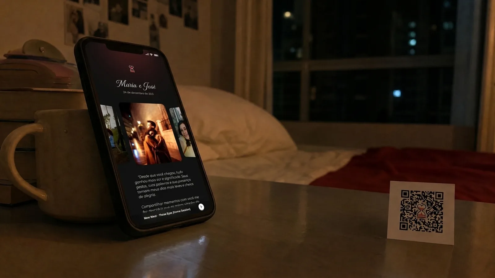 Tela de celular com carta de amor escrita e ícone de música tocando ao fundo