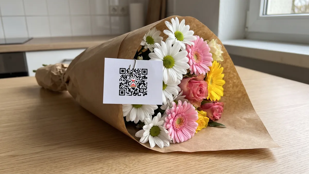 Buquê de margaridas e gérberas em papel kraft com cartão de QR Code preso entre as flores
