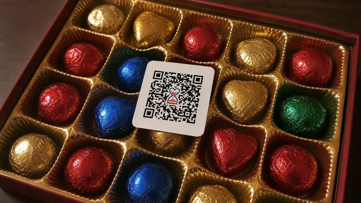 Caixa retangular de bombons coloridos aberta com cartão de QR Code apoiado no centro