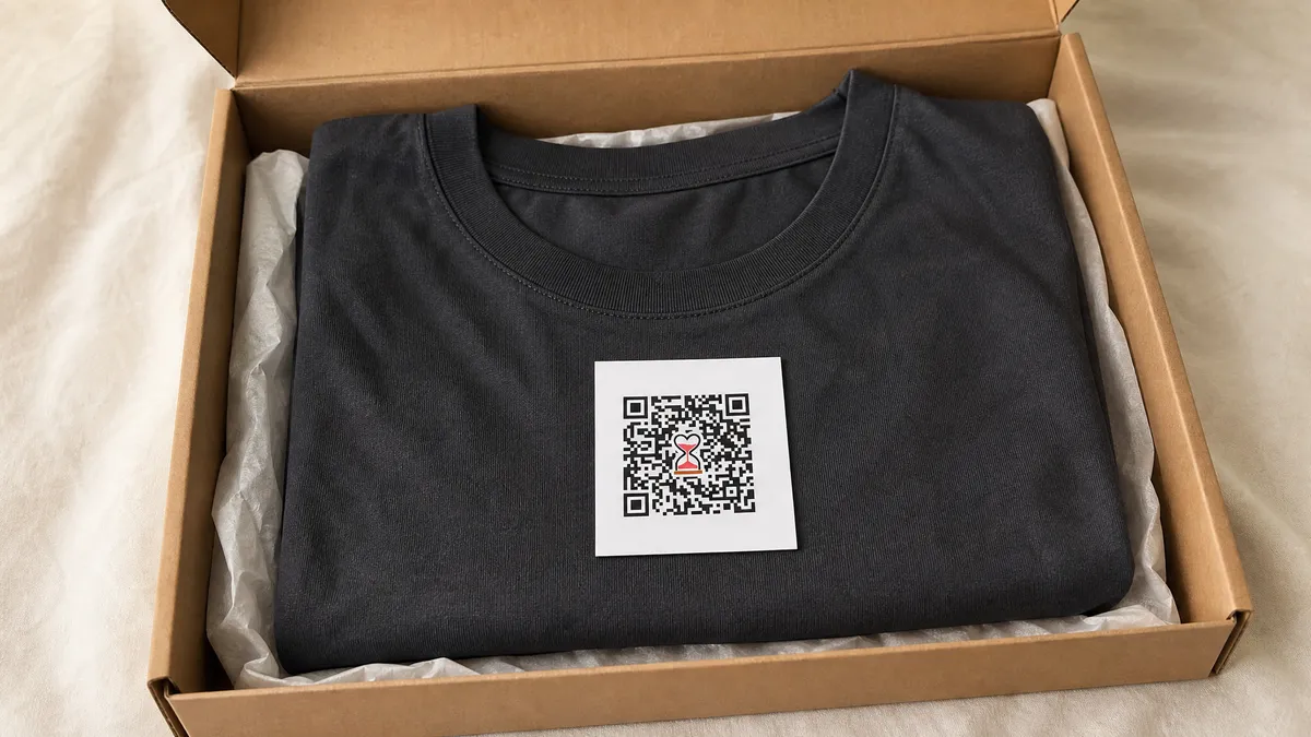 Caixa de papelão simples com camiseta básica dobrada e cartão de QR Code centralizado em cima