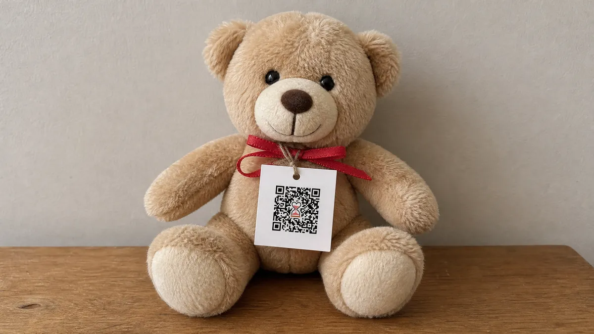 Pelúcia de ursinho bege com cartão de QR Code amarrado por fitinha vermelha no pescoço