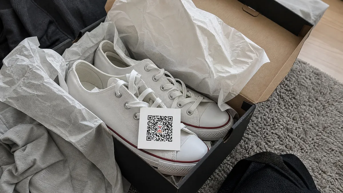 Caixa de tênis aberta com tênis casual branco e cartão de QR Code apoiado sobre os tênis