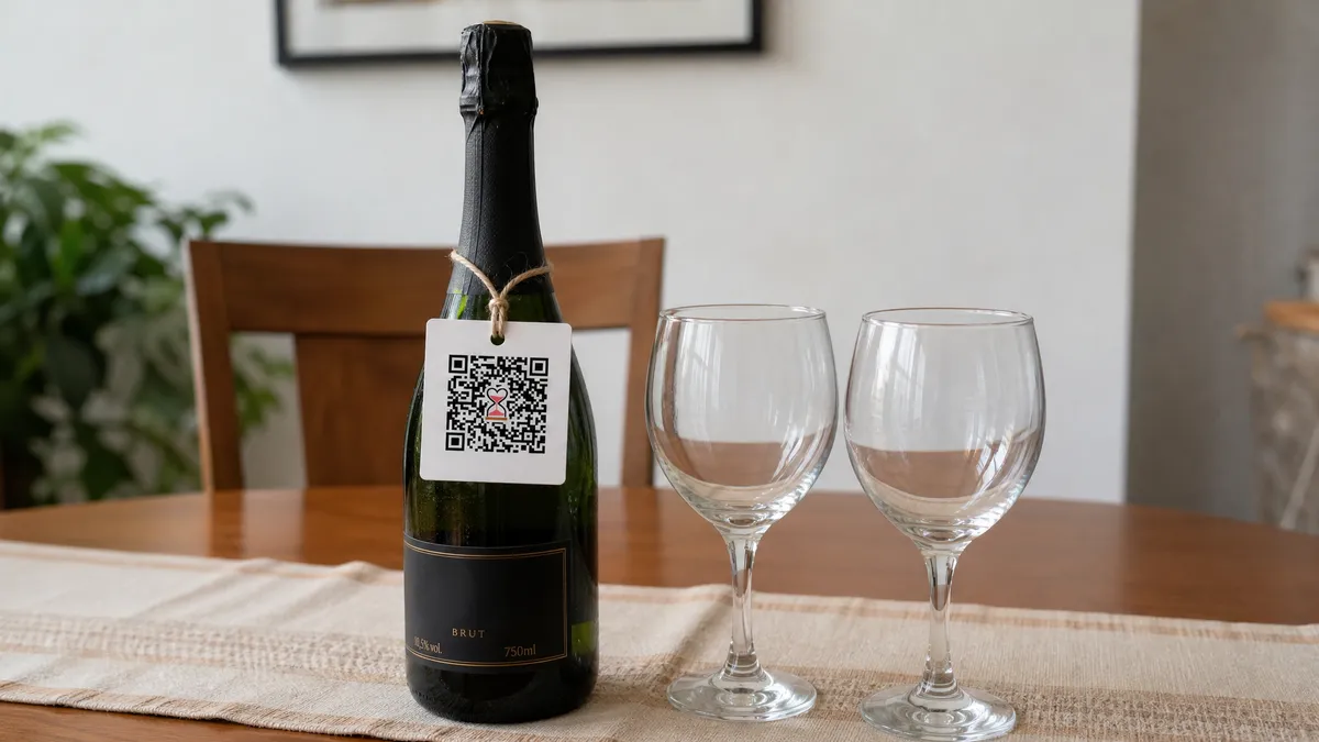 Garrafa de espumante com cartão de QR Code amarrado no gargalo por barbante, duas taças de vidro ao lado
