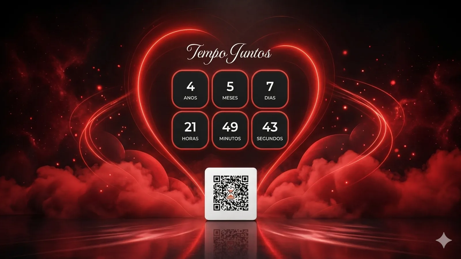 Coração de neon vermelho com o contador Tempo Juntos mostrando anos, meses, dias, horas, minutos e segundos, e um QR Code logo abaixo