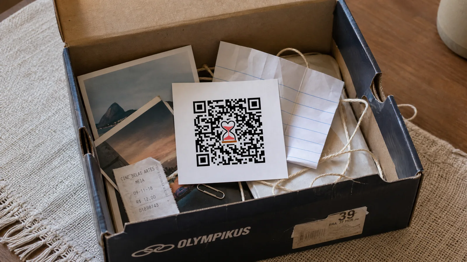 Cena de pedido de namoro com cartão e QR Code centralizado sobre superfície clara