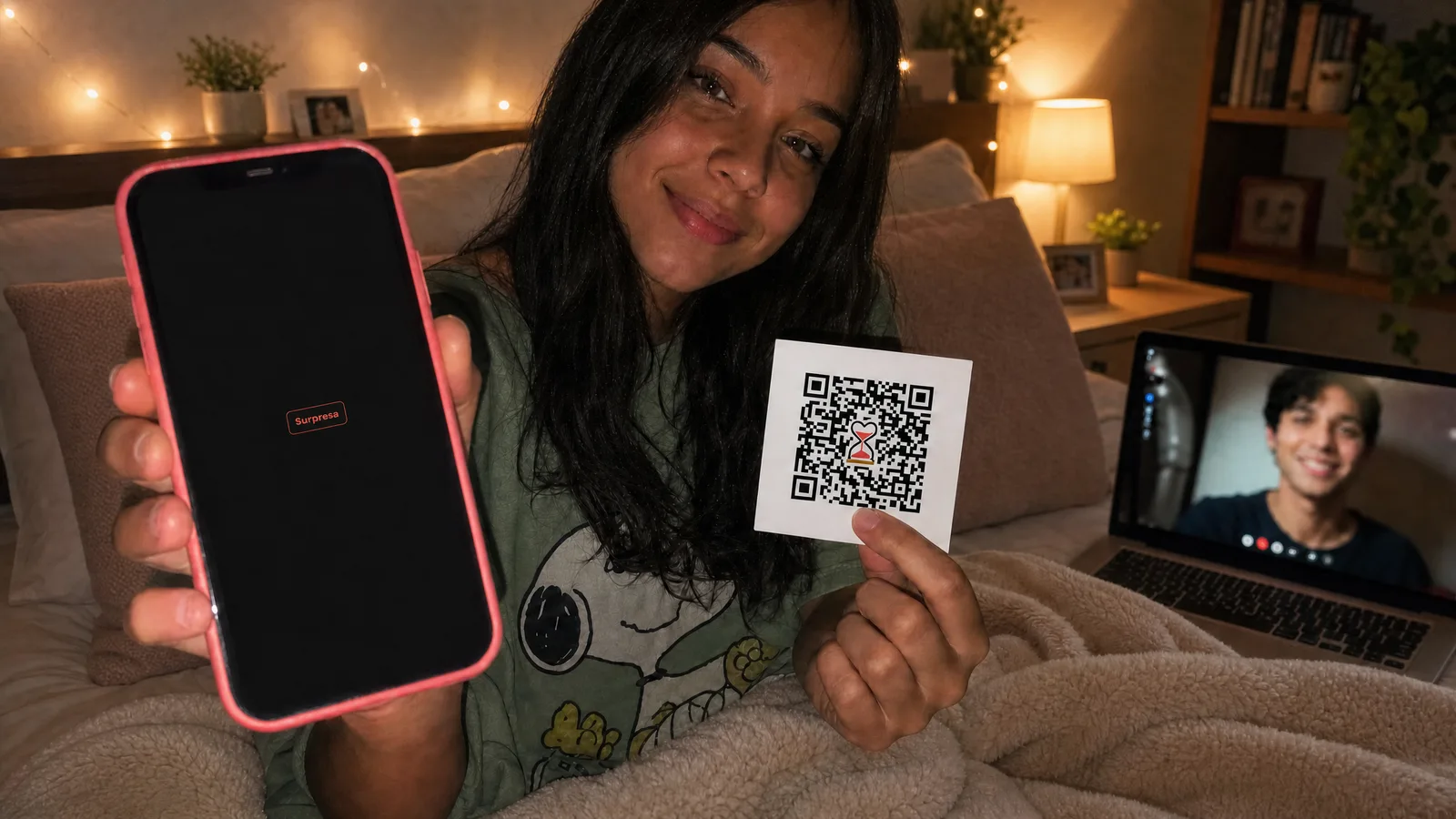 Jovem sorrindo na cama durante chamada de vídeo com o namorado, segurando o celular com a surpresa e um cartão impresso com o QR Code do presente