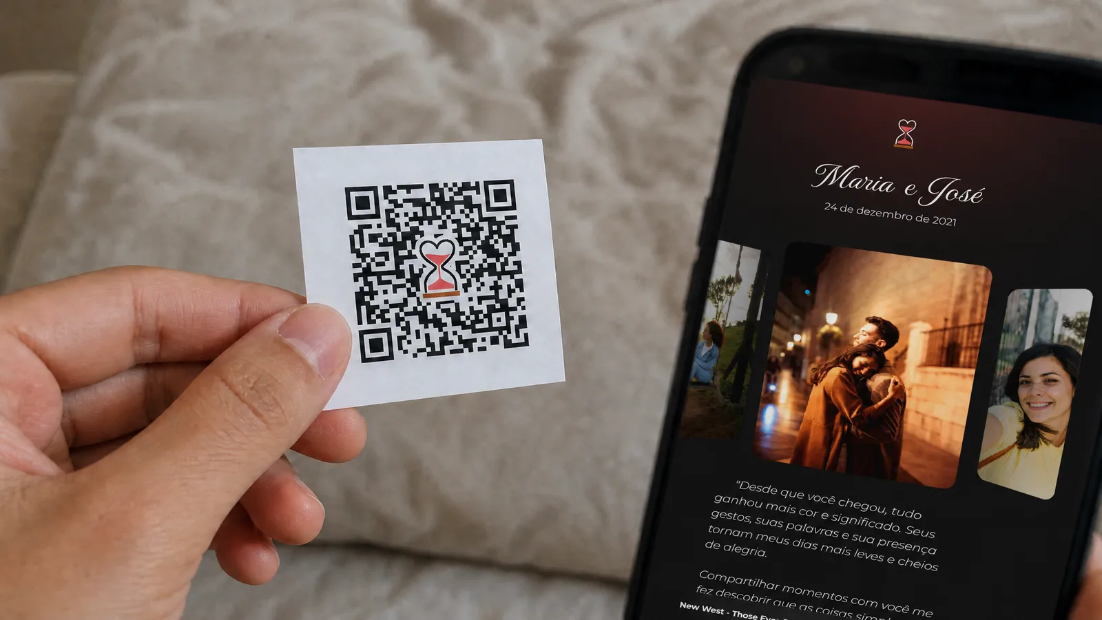 QR Code impresso em cartão e celular abrindo uma página romântica com cronômetro do casal